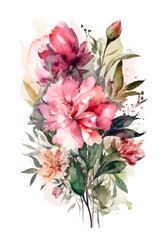 Watercolor bouquet of flowers on white background. Generative AI.