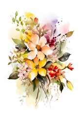 Watercolor bouquet of flowers on white background. Generative AI.