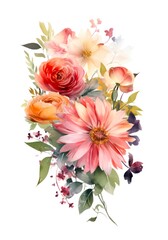 Watercolor bouquet of different flowers on white background. Generative AI.