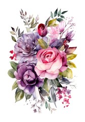 Watercolor bouquet of different flowers on white background. Generative AI.