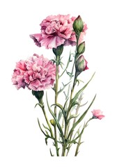 Naklejka na ściany i meble Watercolor illustration of a bouquet of pink carnations isolated on white background. Generative AI.