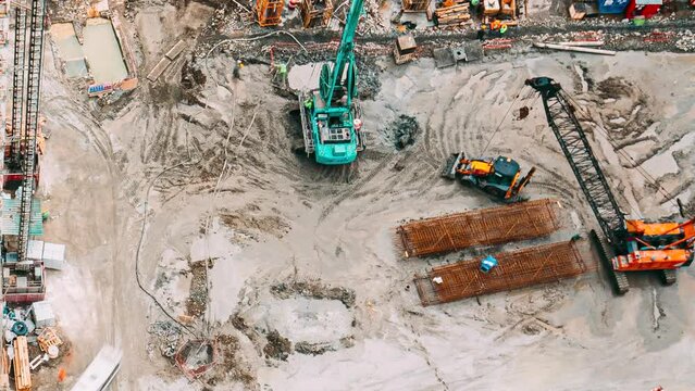 hyperlapse excavator and other machinery with Workers are engaged in repairing development on construction site. timelapse time lapse flat view Construction And Development Of Modern Generative AI