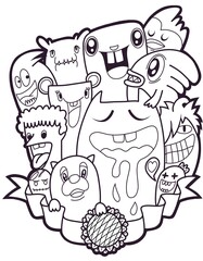Hand-drawn illustrations, monsters doodle, Hand Drawn cartoon monster illustration,Cartoon crowd doodle hand-drawn Doodle style.black and white stripes coloring  book.