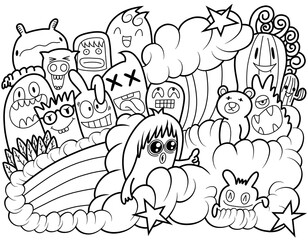 Hand-drawn illustrations, monsters doodle, Hand Drawn cartoon monster illustration,Cartoon crowd doodle hand-drawn Doodle style.black and white stripes coloring  book.