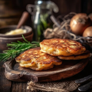 Deruny Potato Pancakes On Stone In Rustic Pub Ukrainian Dishes. Generative AI