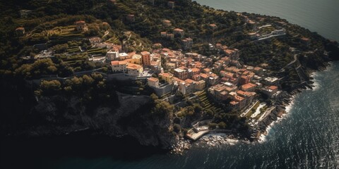 An aerial image of beach and coastline.top down view of beach, rock and sea with  water waves. summer vacation holidays background. Generative AI