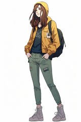 Adolescente avec sweat à capuche, au regard mistique, dessin façon manga sur fond blanc, illustration ia générative