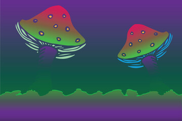 Vector Mushrooms illustration. Neon mashrooms sketch on a dark background.