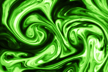 Green and black paint pigment mix. Ornament mosaic swirl shapes background. Neon glow fluid. Light background. Artistic marbling texture. Vibrant color liquid flow.