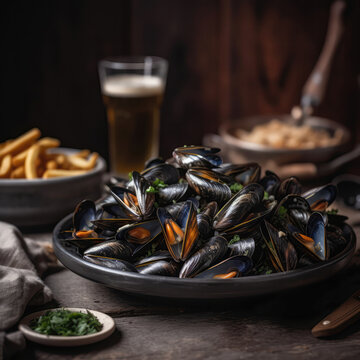 Moules Frites Mussels And Fries On Stone In Rustic Pub. Generative AI