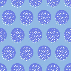 Blue seamless pattern with purple circles and white dots