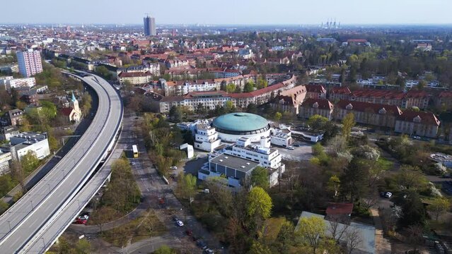 speed ramp round roof house Berlin City Spectacular aerial top view flight drone
