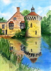 Watercolor illustration of an ancient castle with a round tower among green trees, reflected in the surface of the lake