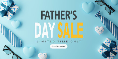 3d Rendering. Father's Day Sale Banner illustration on blue background.