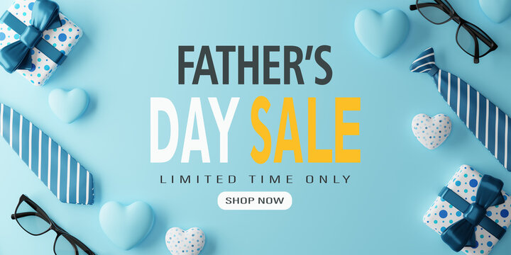 3d Rendering. Father's Day Sale Banner illustration on blue background.