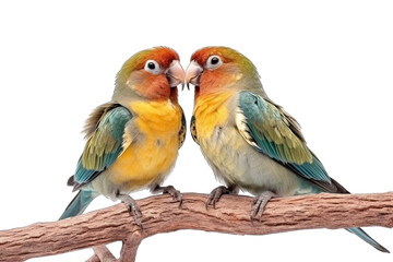 two love birds on a tree branch isolated on white, transparent background, PNG, generative ai