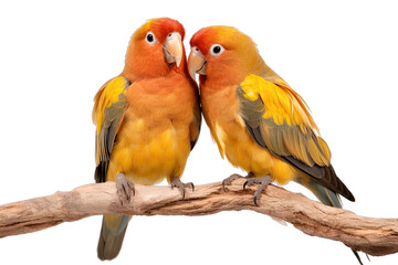 Fototapeta na wymiar two love birds on a tree branch isolated on white, transparent background, PNG, generative ai