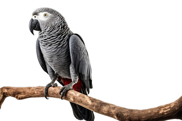 Congo African Grey Parrot on a branch isolated on white, transparent background, PNG, generative ai