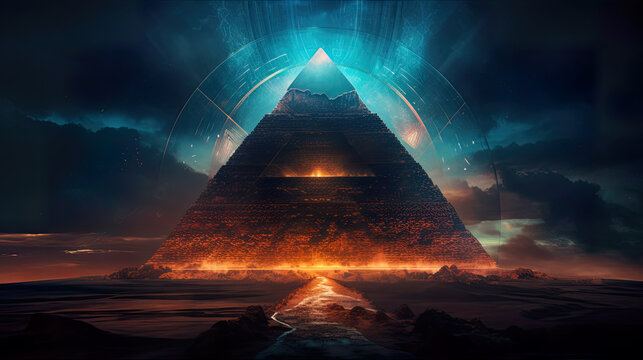 An image of a pyramid in the middle of a desert. AI generative.