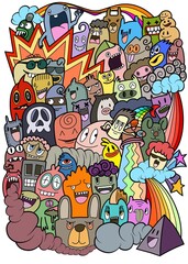 Hand-drawn illustrations, monsters doodle, Hand Drawn cartoon monster illustration,Cartoon crowd doodle hand-drawn Doodle style.