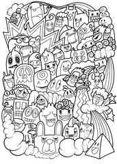 Hand-drawn illustrations, monsters doodle, Hand Drawn cartoon monster illustration,Cartoon crowd doodle hand-drawn Doodle style.black and white stripes coloring  book.