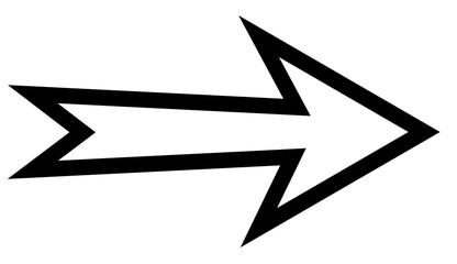 Pointed arrow icon with outline. Black thin arrow pointing to the right. Black direction pointer