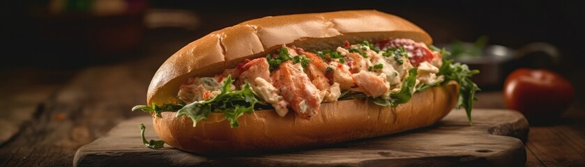 Lobster Roll On Stone Rustic Pub Wide Panoramic. Generative AI