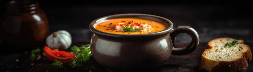 Lobster Bisque On Stone Rustic Pub Wide Panoramic. Generative AI