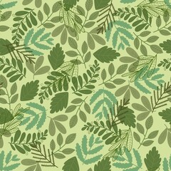 Assorted Green Leaf Silhouettes. Seamless Dense Foliage Pattern on Light Lime Background