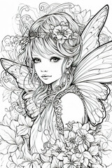 A girl with a butterfly wings and flowers in her hair. AI generative. Coloring book pattern