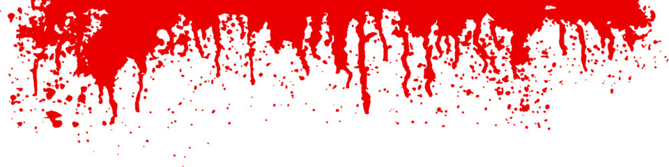 Red blood drip border on white background. Scarlet paint, wine or sauce splash on wall. Watercolor spatter texture. Abstract vector illustration. Runny liquid ink. Horror grunge pattern