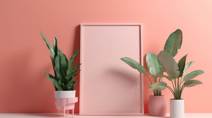 Mockup frame in simple minimal interior background. Generative Ai