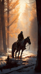 Fototapeta premium A man riding on the back of a horse through a forest. AI generative.