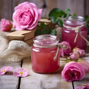Rose petal jam on a wooden table.Healthy food ingredient. Ai generated. Illustration