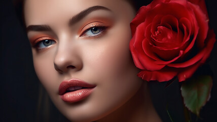 Fototapeta na wymiar Beautiful model with a rose, Perfect makeup, close up, Nice smile, generative AI 