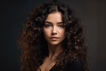 Fototapeta premium Brunette with long and shiny curly hair. Beautiful model woman with wavy hairstyle, generative AI tools