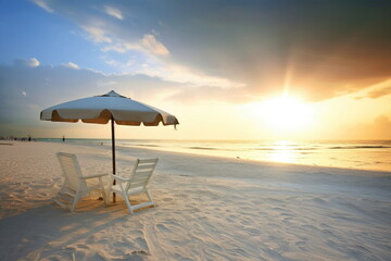 Beautiful beach with white sand, chairs and umbrella, beautiful beach landscape