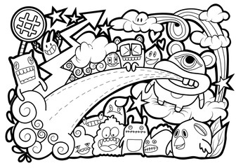 Hand-drawn illustrations, monsters doodle, Hand Drawn cartoon monster illustration,Cartoon crowd doodle hand-drawn Doodle style.black and white stripes coloring  book.