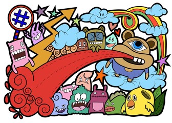 Hand-drawn illustrations, monsters doodle, Hand Drawn cartoon monster illustration,Cartoon crowd doodle hand-drawn Doodle style.