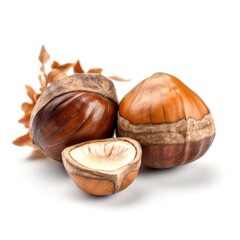 Obraz premium Set of a raw ripe organic hazelnuts whole and sliced and opened on white background Generative AI Illustration