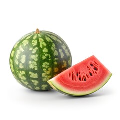 Organic ripe raw fresh whole watermelon and slice on white background Generative AI Illustration