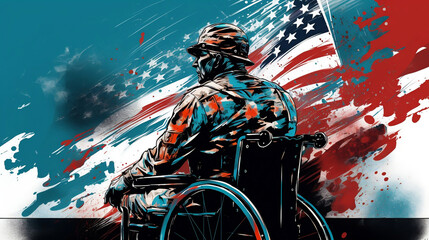 Patriotic Valor: Illustration of a Disabled Veteran in a Wheelchair in Front of the American Flag . Generative AI - obrazy, fototapety, plakaty