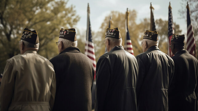 Photo of gerra veterans paying tribute to fallen soldiers on Memorial Day, standing in front of U.S. flags. . Generative AI