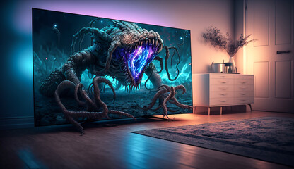 Ein Monster kommt aus einem Videospiel heraus KI - obrazy, fototapety, plakaty