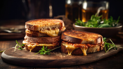 Macro Photo Grilled Cheese Sandwiches On Stone Rustic Pub. Generative AI