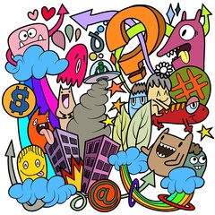 Obraz premium Hand-drawn illustrations, monsters doodle, Hand Drawn cartoon monster illustration,Cartoon crowd doodle hand-drawn Doodle style.