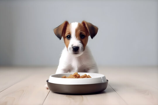Cute puppy sitting near the bowl of dog food. AI generated