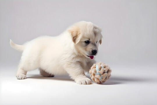 Cute white puppy playing with pet toy. AI generated