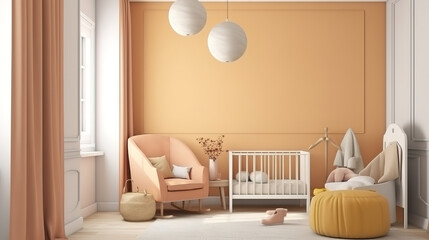 Blank wall mock up in cozy nursery interior background, Scandinavian style. Generative Ai