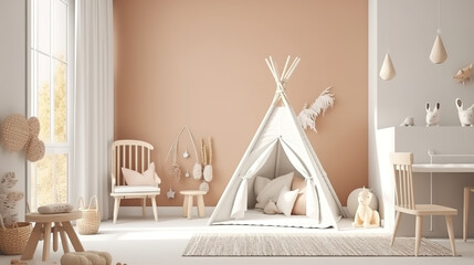 Blank wall mock up in cozy nursery interior background, Scandinavian style. Generative Ai